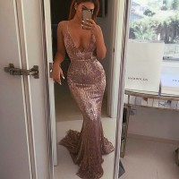 Open Back Sequined Maxi Dress Floor Length Dress Sleeveless Strapless Deep V Neck Mermaid Party Dress Champagne Gold Silver